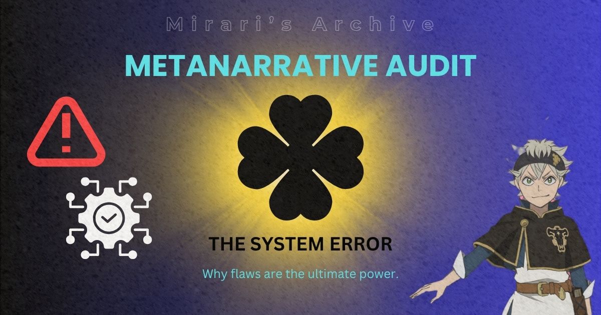 Mirari's Archive featured image for Metanarrative Audit, showing Asta from Black Clover next to a tech system icon, a red warning sign, and a glowing four-leaf clover.