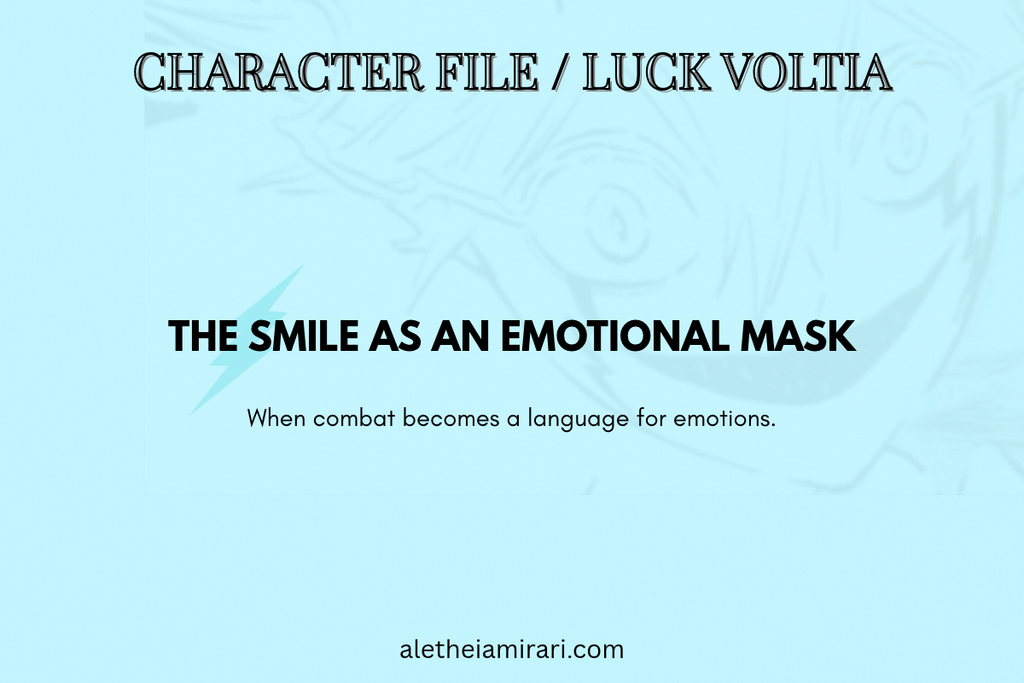 Character analysis graphic about Luck Voltia's smile as an emotional mask in Black Clover.