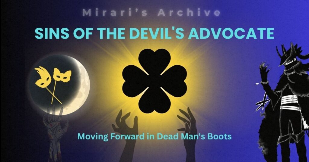 Mirari's Archive featured image for Sins of the Devil's Advocate, showing a silhouette of Nacht Faust next to a glowing four-leaf clover and a crescent moon with masks.