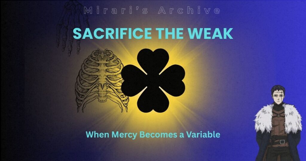Mirari's Archive featured image for Sacrifice the Weak, featuring Zenon Zogratis, a skeletal ribcage graphic, a skeletal hand graphic, and a glowing four-leaf clover.